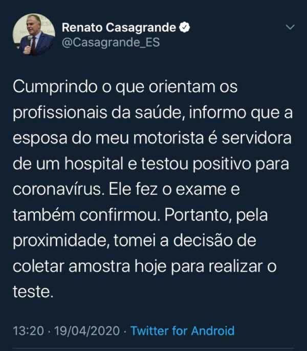 Renato Casagrande faz teste para saber se está com covid-19