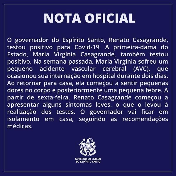 Casagrande e primeira-dama testam positivo para o novo coronavírus