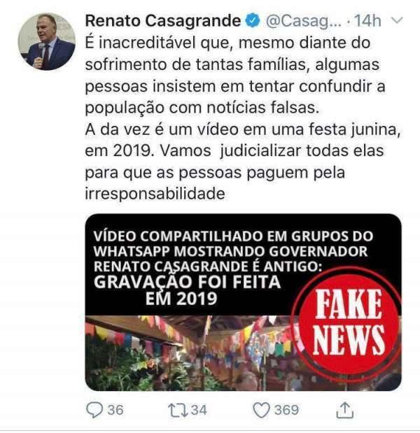 Vídeo de festa junina com presença do governador que circula nas redes é de 2019, diz Casagrande