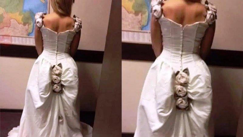 Mulher vira piada ao compartilhar foto do vestido de noiva: “Cuecão de rosas”