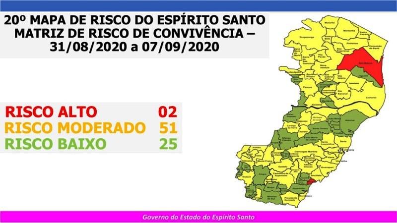 Mapa de Risco: somente São Mateus e Piúma continuam no grupo de Risco Alto, no Espírito Santo