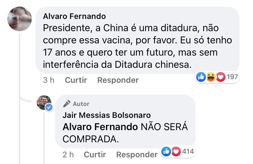 “Não compraremos vacina da China”, diz Bolsonaro