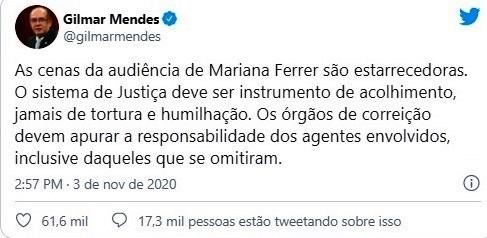 “Estarrecedoras”: Gilmar Mendes cita 'tortura e humilhação' em julgamento da influenciadora Mari Ferrer