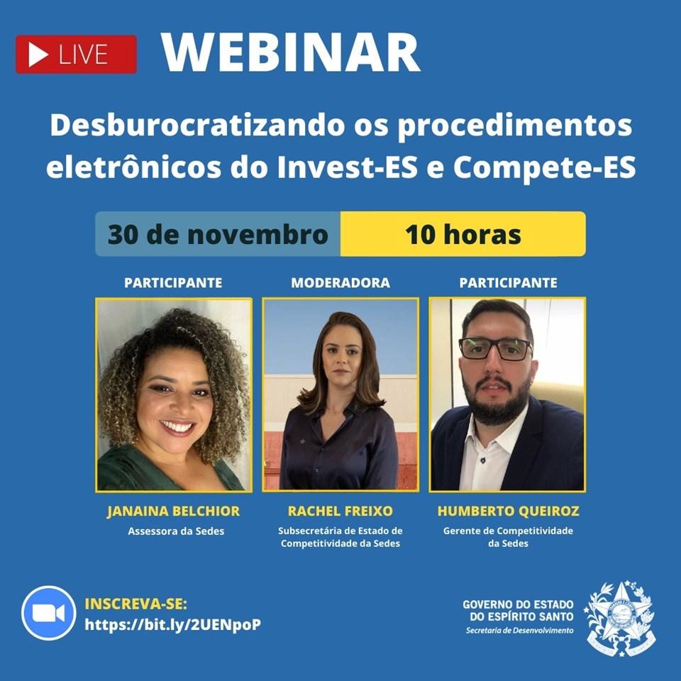 Inscrições abertas para webinar sobre processos eletrônicos dos incentivos tributários Invest-ES e Compete-ES