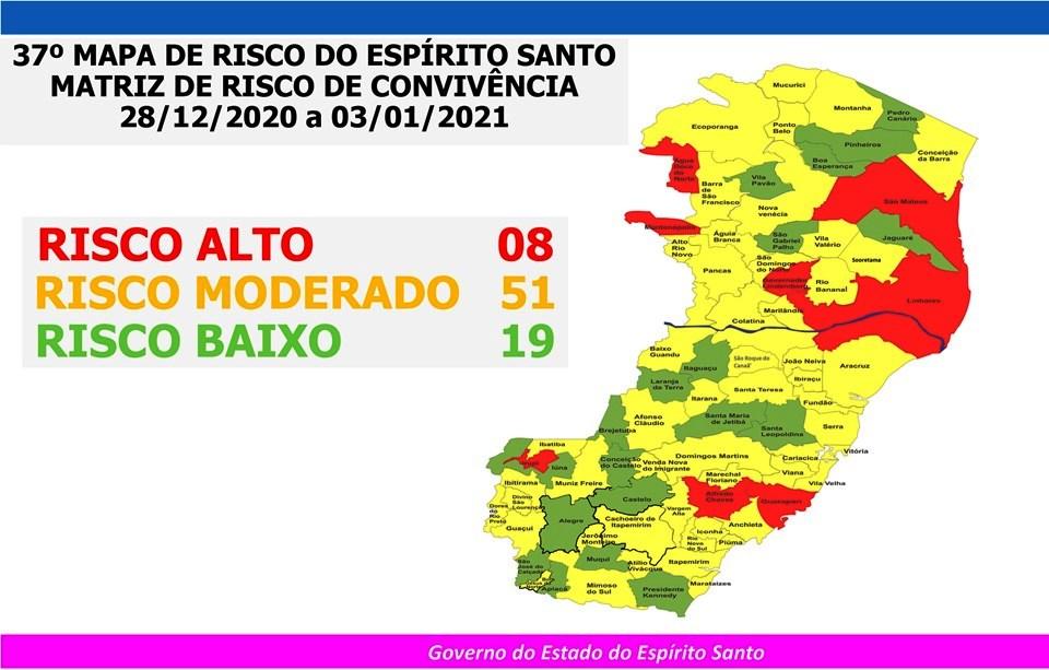 Governo do Espírito Santo divulga novo Mapa de Risco Covid-19; oito municípios estão no grupo de Risco Alto 