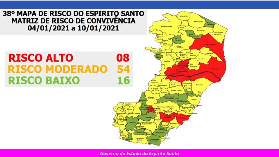 Governo do ES divulga 38º Mapa de Risco Covid-19; oito municípios continuam em Risco Alto