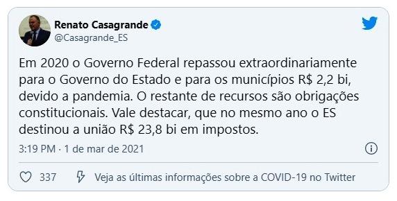 Casagrande rebate governo federal sobre repasse de verbas ao Estado em 2020