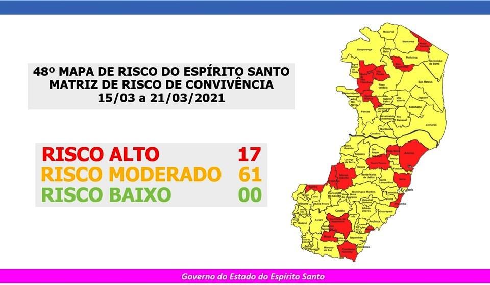 Novo Mapa de Risco Covid-19 traz 17 cidades em Risco Alto no Espírito Santo