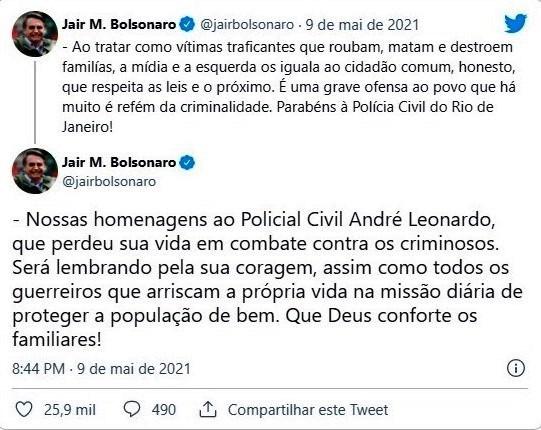 Bolsonaro parabeniza Polícia Civil do Rio de Janeiro por operação no Jacarezinho