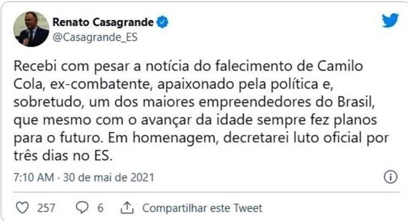 Camilo Cola, morre aos 97 anos, no ES: Casagrande decreta luto oficial de três dias