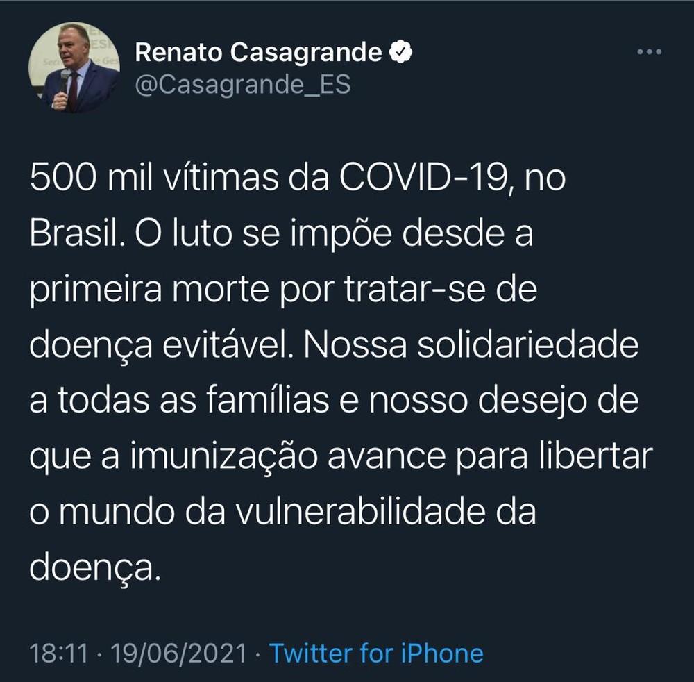 ‘Que a imunização avance’, diz governador do ES sobre 500 mil mortes por Covid-19