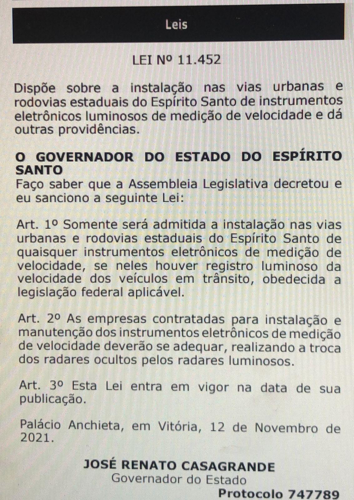 Agora é lei: Casagrande sanciona lei que acaba com radares ocultos em rodovias estaduais