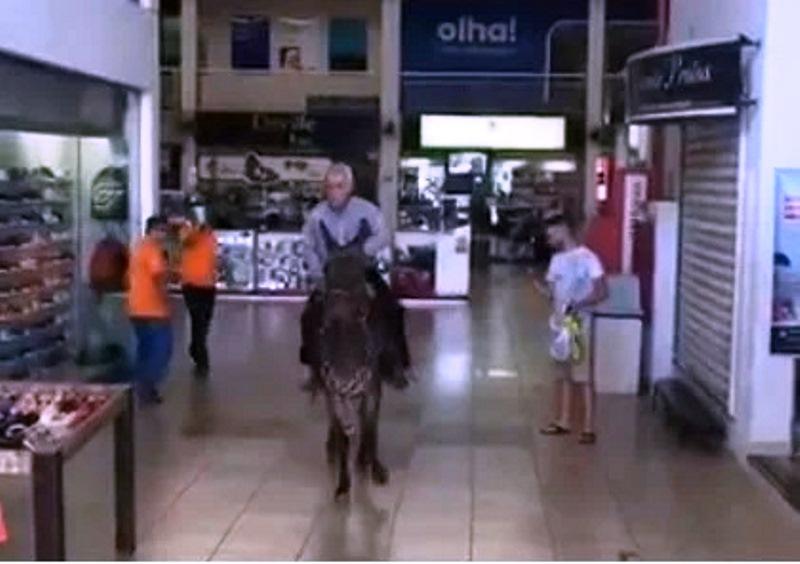 Homem é flagrado passeando em um burro dentro de shopping