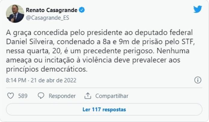 “Perigoso”, diz Casagrande após Bolsonaro conceder perdão a Daniel Silveira