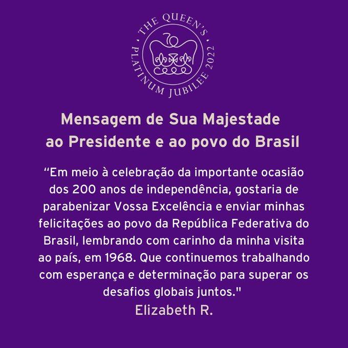 Rainha Elizabeth felicita brasileiros pelo Dia da Independência