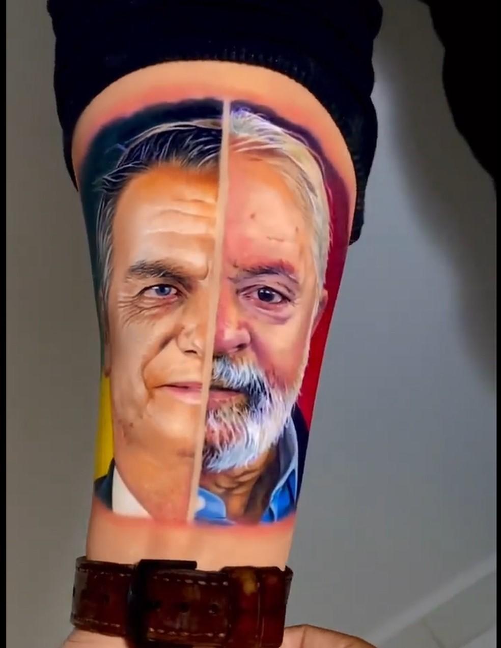 Morador de São Paulo faz tatuagem no braço com rostos de Bolsonaro e Lula