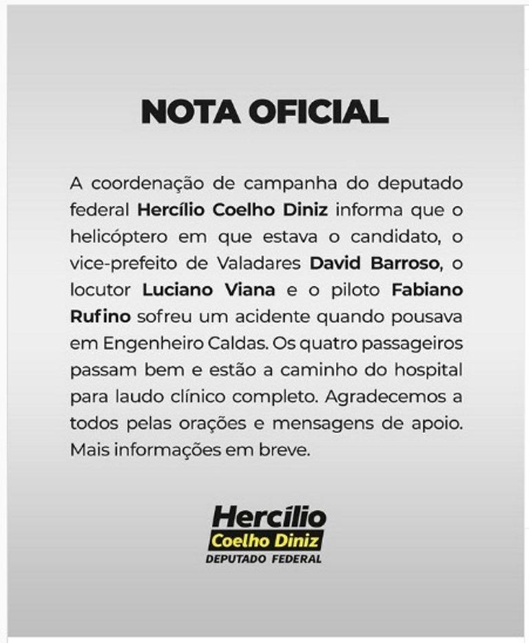 Helicóptero cai com deputado federal e vice-prefeito, em MG