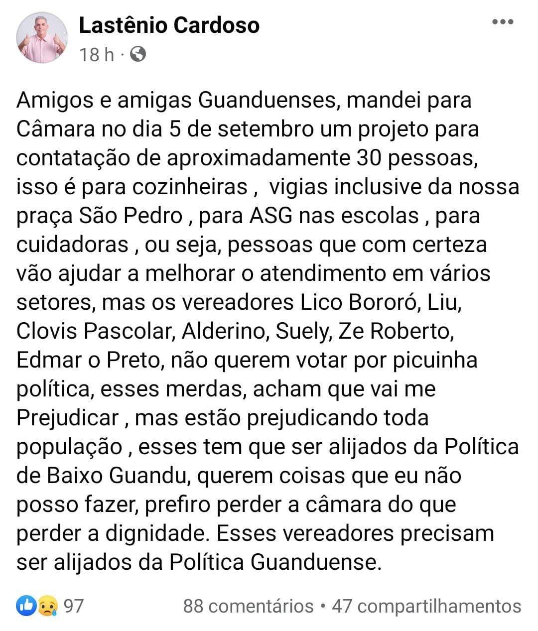 Prefeito do ES se revolta e chama vereadores de 