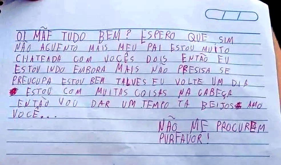 Polícia Civil encontra jovem que desapareceu após deixar carta para mãe em que reclamava sobre paiYasmin Gomes de Oliveira foi localizada em São Vicente (SP), cinco dias após desaparecer em Praia Grande (SP)  1 Jovem de 13 anos desapareceu após deixar carta para mãe – Foto: Reprodução A Polícia Civil encontrou Yasmin Gomes de Oliveira, de 13 anos, em São Vicente, no litoral de São Paulo. A jovem desapareceu na última quinta-feira (20), em Praia Grande, também no litoral paulista, após deixar uma carta de despedida para a mãe em que reclamava sobre 