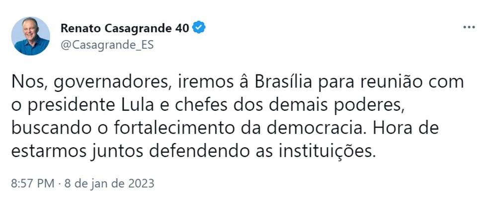 Governador Renato Casagrande e outros políticos do ES se manifestam contra ataques golpistas em Brasília