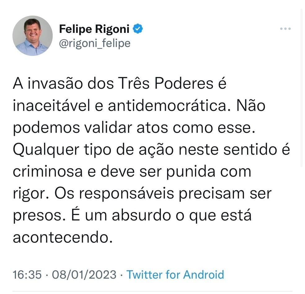 Governador Renato Casagrande e outros políticos do ES se manifestam contra ataques golpistas em Brasília