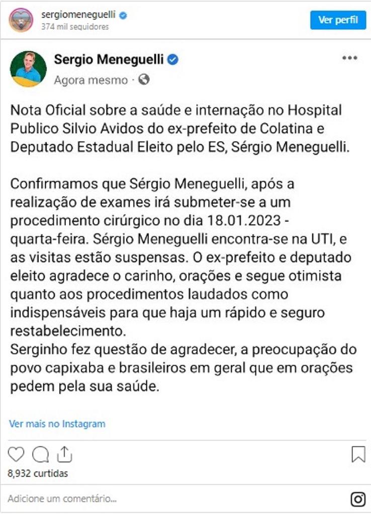 Sérgio Meneguelli vai para a UTI e passará por cirurgia nesta quarta-feira (18)