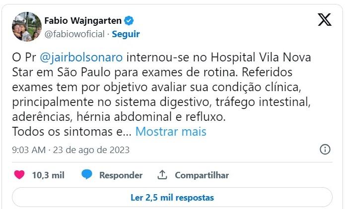 Bolsonaro diz que passará por três cirurgias: septo, refluxo e abdômen