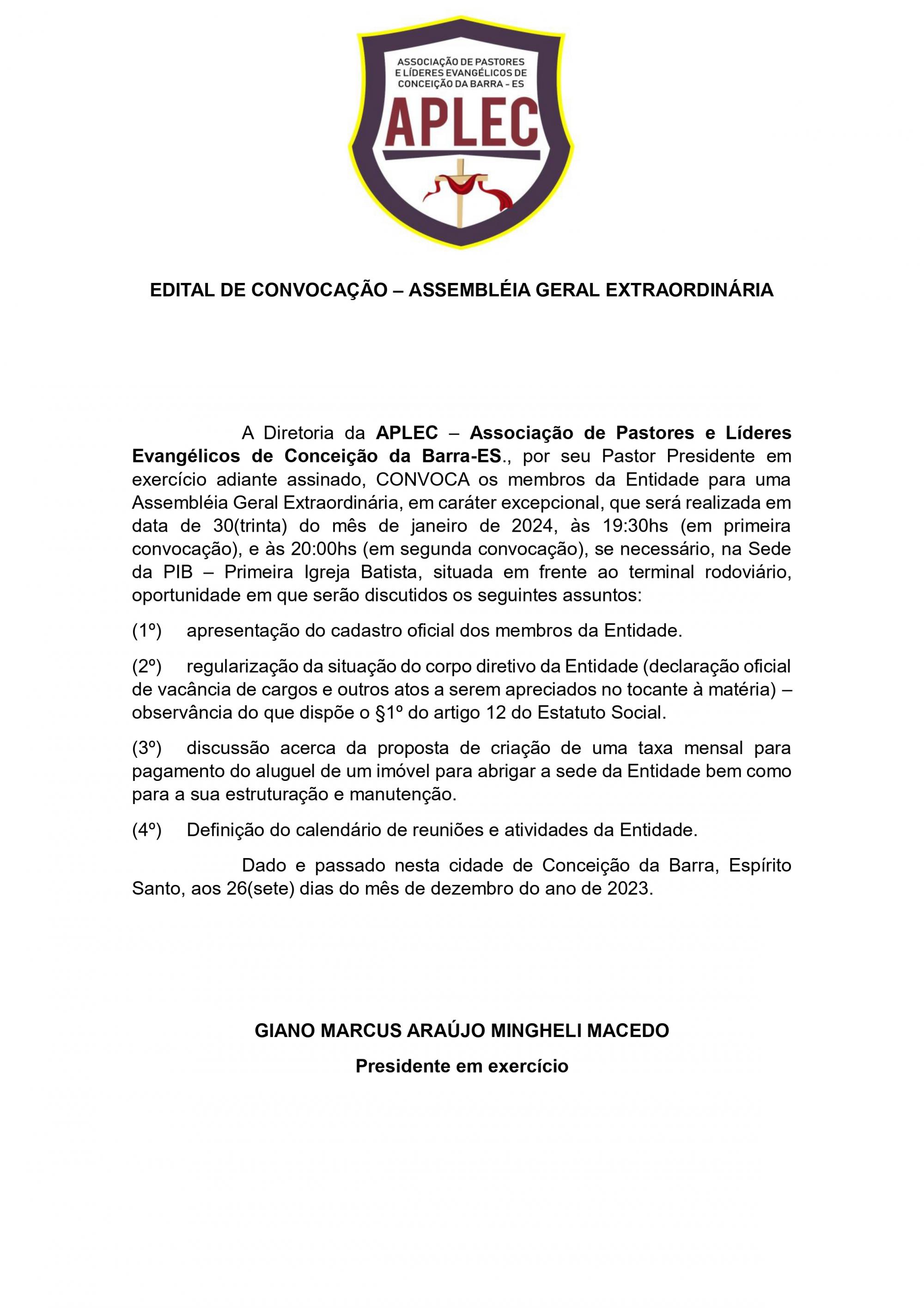 APLEC convoca membros da entidade para Assembleia Geral Extraordinária que acontece no dia 30 de janeiro, em Conceição da Barra, ES