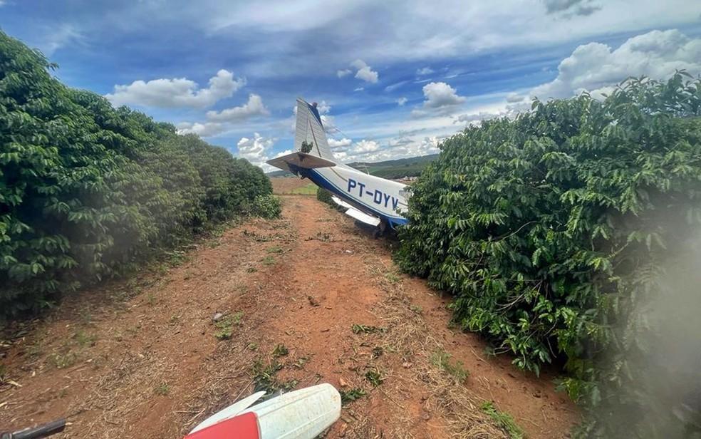 Avião de pequeno porte pousa em cafezal na zona rural