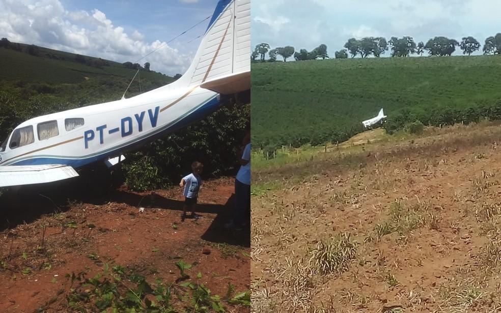 Avião de pequeno porte pousa em cafezal na zona rural