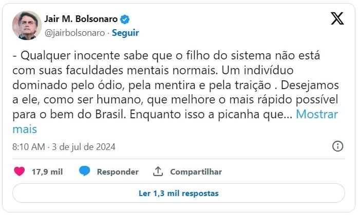 Bolsonaro diz que ‘picanha virou abóbora’ e questiona saúde mental de Lula nas redes sociais