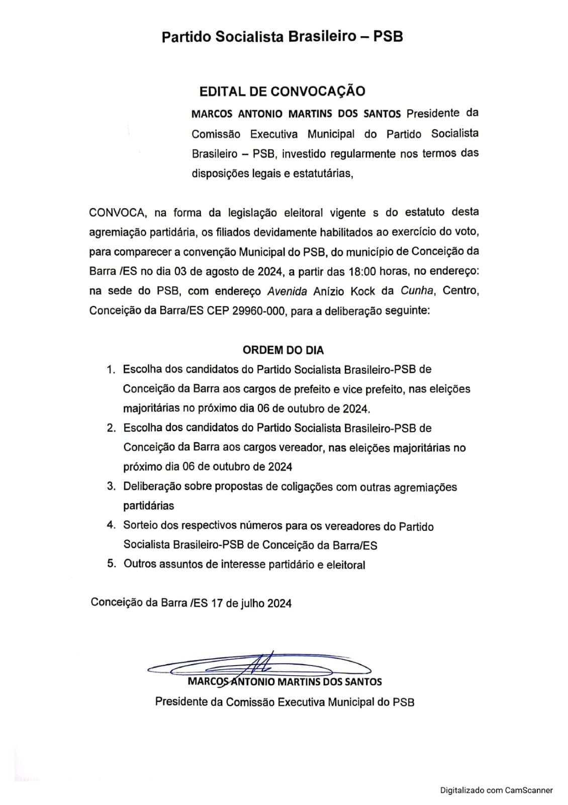 Edital de convocação do Partido Trabalhista Brasileiro (PSB), de Conceição da Barra, ES