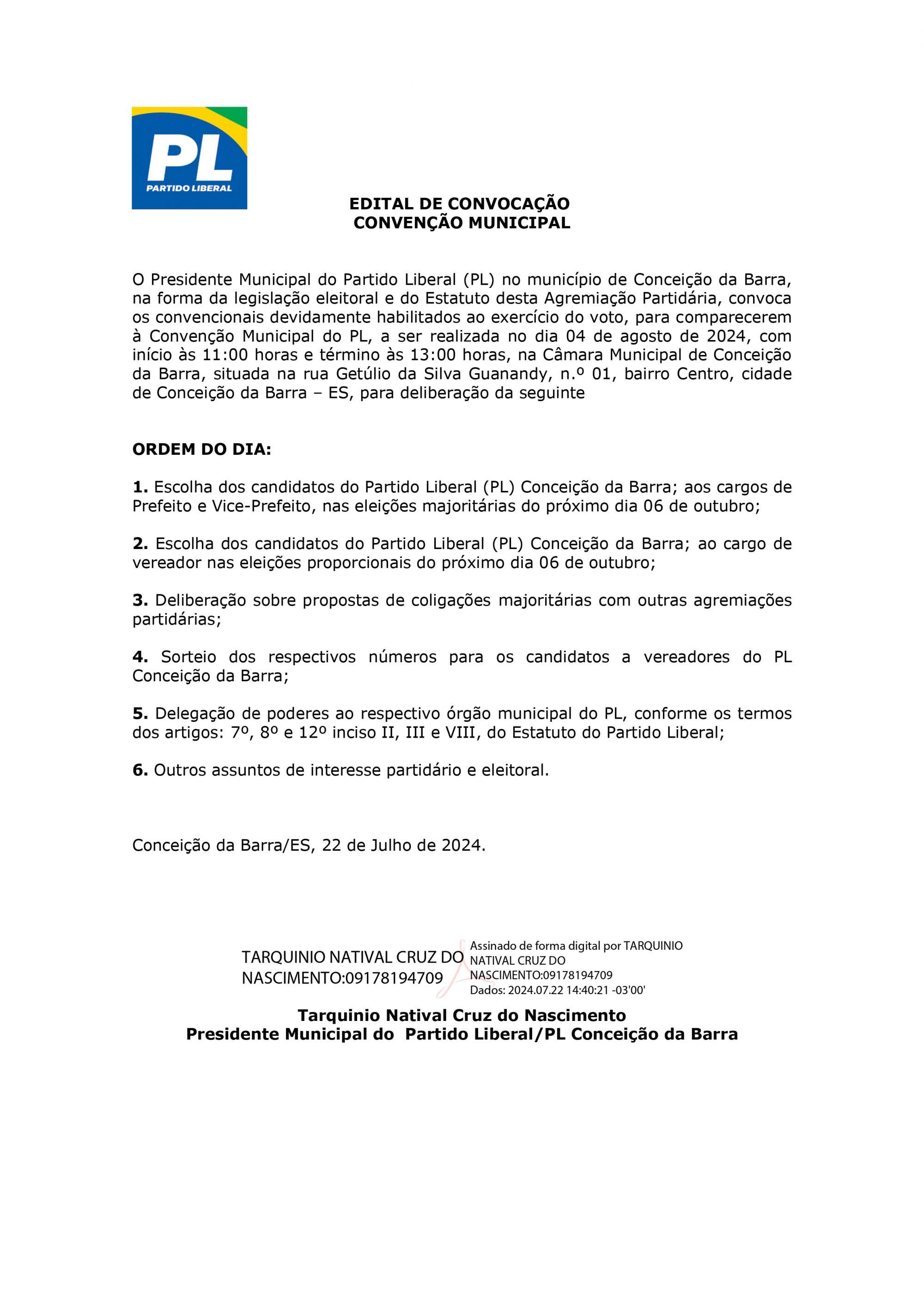 Partido Liberal convoca convenção municipal  para o dia 4 de agosto, em Conceição da Barra, ES