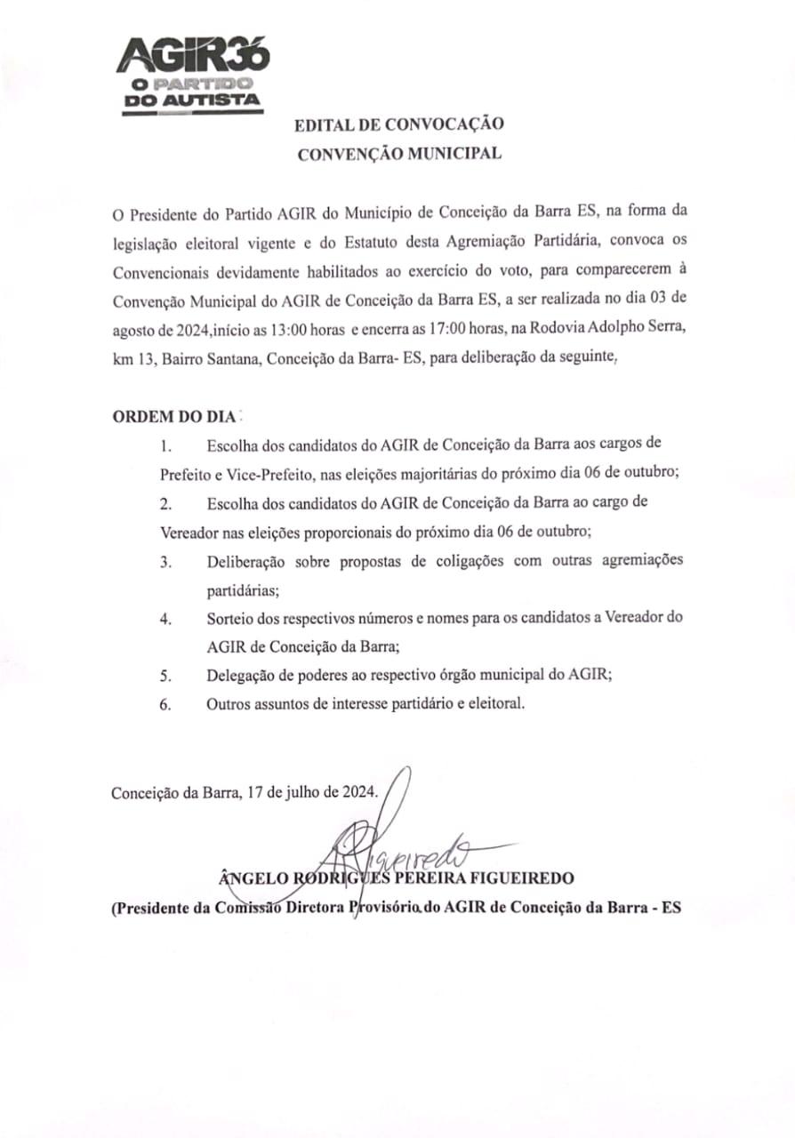 Partido  AGIR convoca convenção municipal  para o dia 3 agosto de julho, em Conceição da Barra, ES 