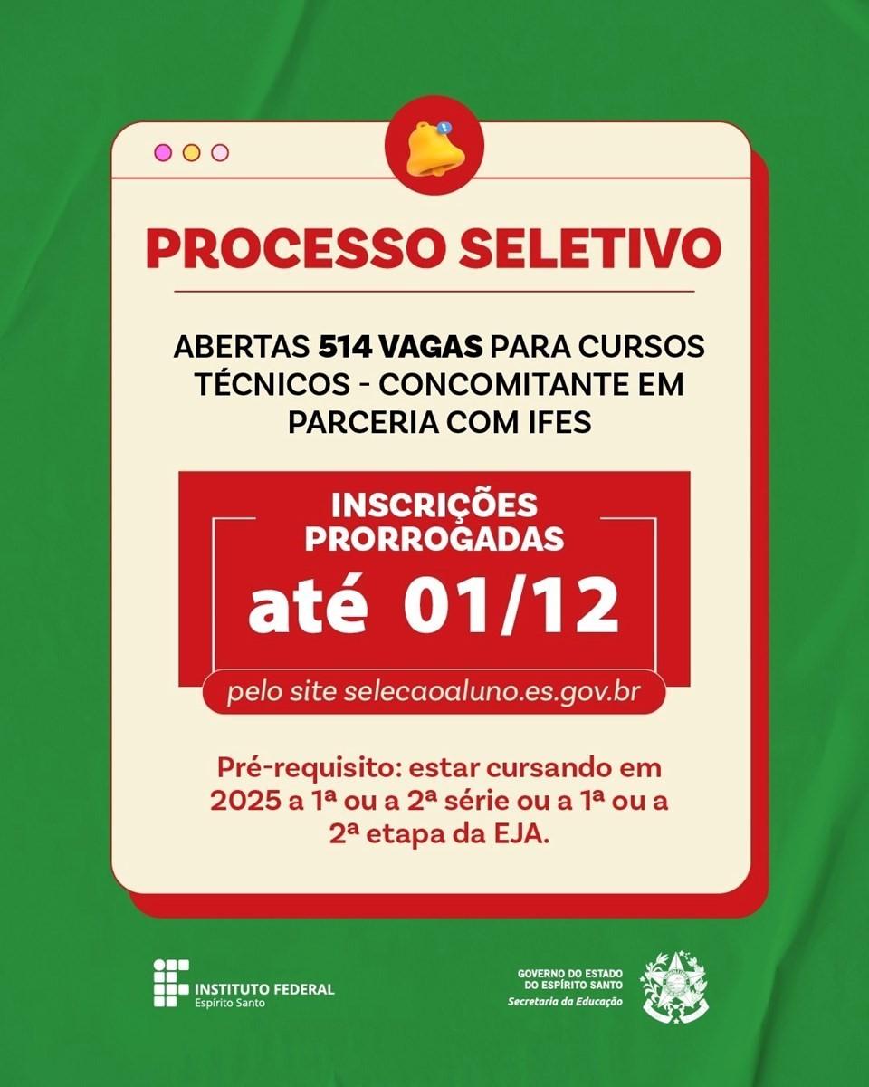 Inscrições para processo seletivo com ofertas de cursos técnicos no ES são prorrogadas até 1º de dezembro