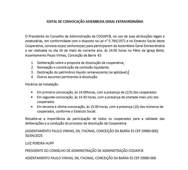 Presidente do Conselho de Administração da COOAPCB convocação assembleia geral extraordinária para o dia de 16 de maio