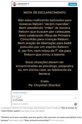 Padre se nega a batizar bebê reborn: “Caso de psiquiatria”