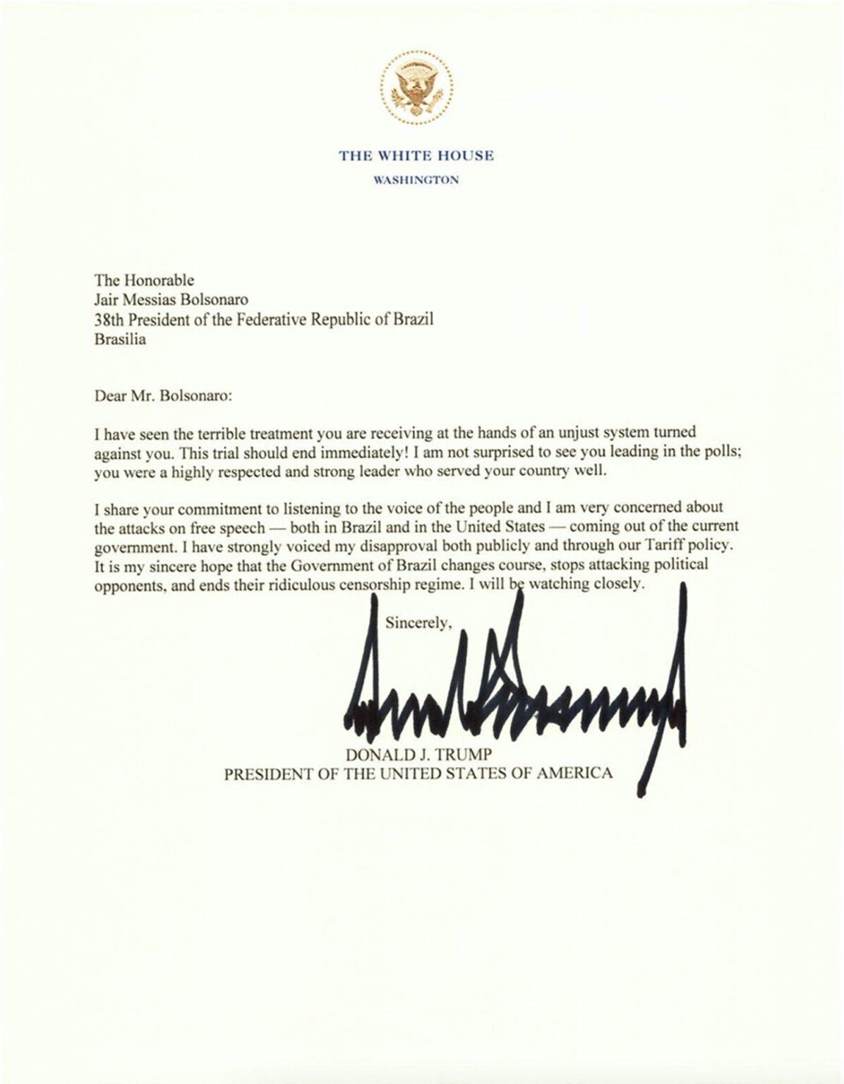 Trump publica carta a Bolsonaro: “Sistema se voltou contra você”