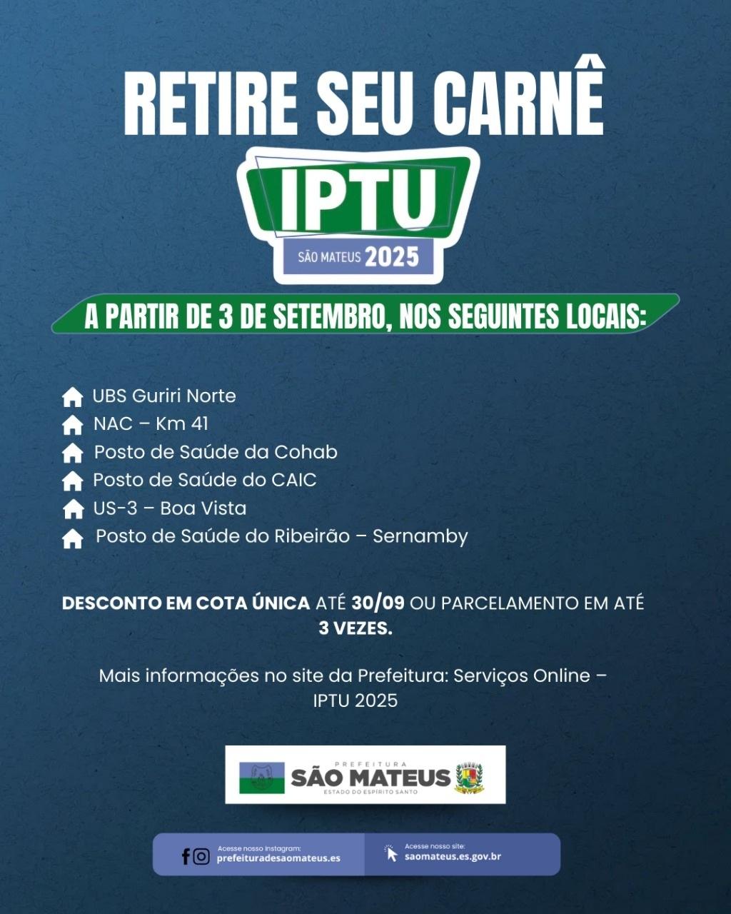 Prefeitura de São Mateus, no ES, prorroga prazo para pagamento do IPTU com desconto
