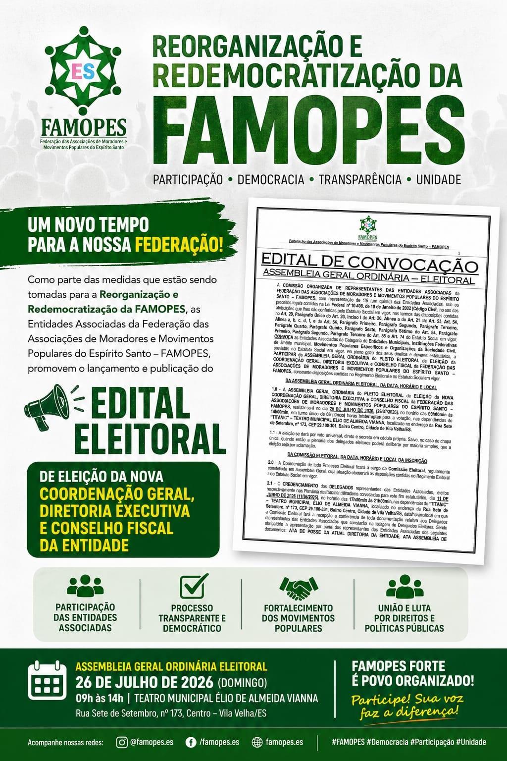 FAMOPES avança no processo de reorganização e redemocratização com publicação de edital eleitoral