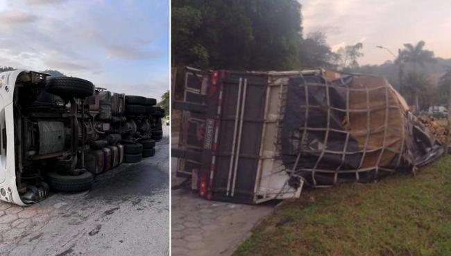 Caminhoneiro tem mal súbito e carreta tomba na BR-101, em Ibiraçu, ES