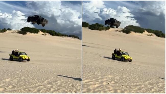 Carro ‘voa’ por cima de buggy e passageiros em duna de Canoa Quebrada, no Ceará