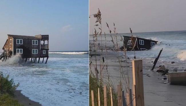 Casa à beira da praia é destruída e engolida pelo mar