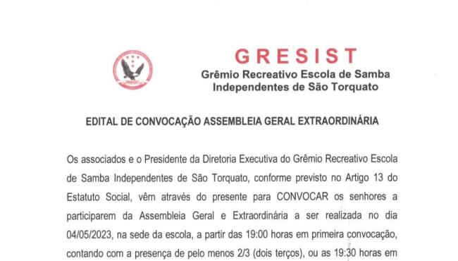 Edital de Convocação do Grêmio Recreativo Escola de Samba Independentes de São Torquato
