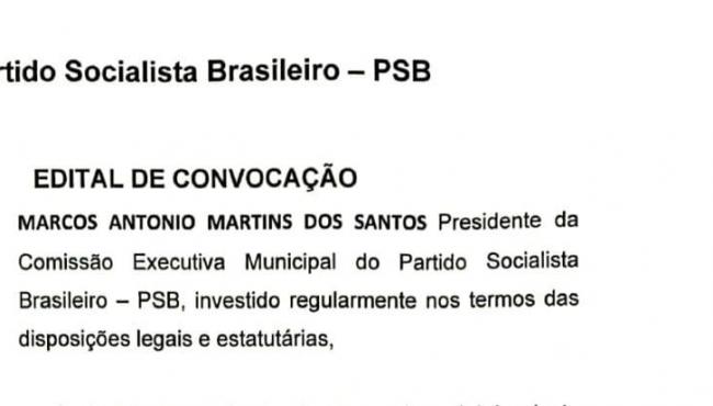 Edital de convocação do Partido Trabalhista Brasileiro (PSB), de Conceição da Barra, ES