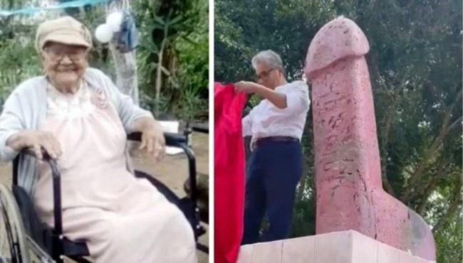 Estátua gigante no formato de pênis é instalada no túmulo de idosa