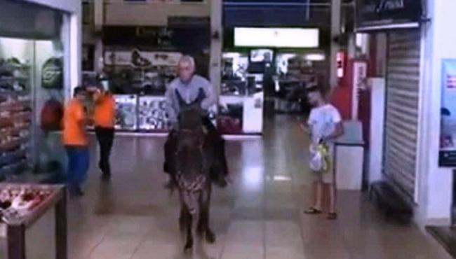 Homem é flagrado passeando em um burro dentro de shopping