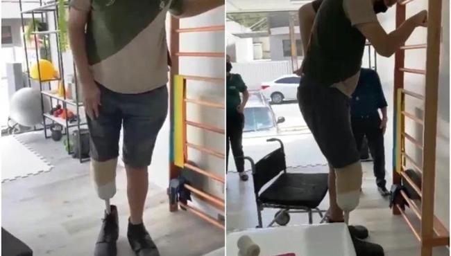 Homem mais alto do Brasil fica em pé pela primeira vez com prótese da perna: ‘O gigante tem que se reabilitar’