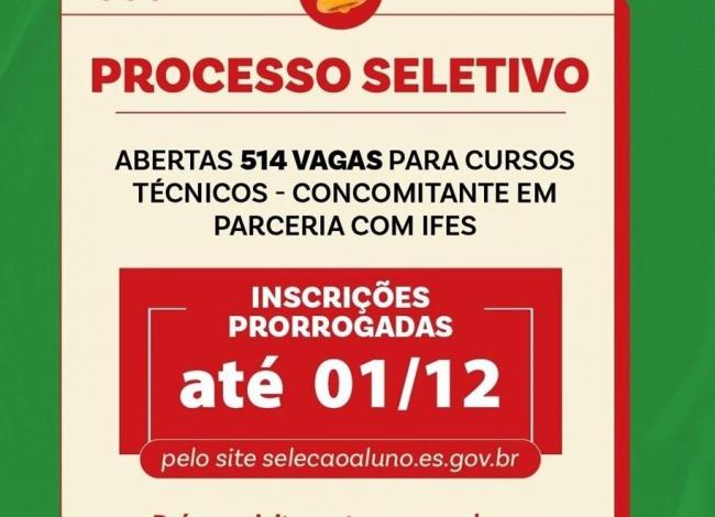 Inscrições para processo seletivo com ofertas de cursos técnicos no ES são prorrogadas até 1º de dezembro