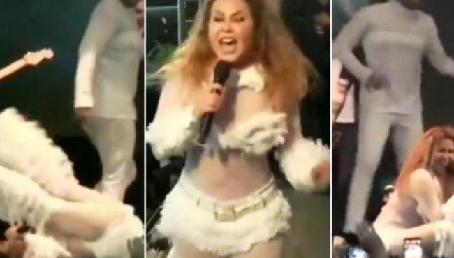 Joelma desequilibra e leva tombo durante show na Bahia